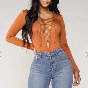 Fashion Nova String You Along Bodysuit in Camel Brown New With Tags Size Small
